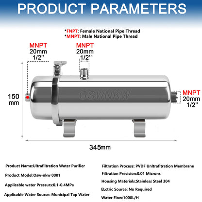 PVDF Water Purifier Whole House Ultration Water Filter 0.01um Filters 1000L/H SUS304 Drinkable Water Lasts Exceed 5 Years