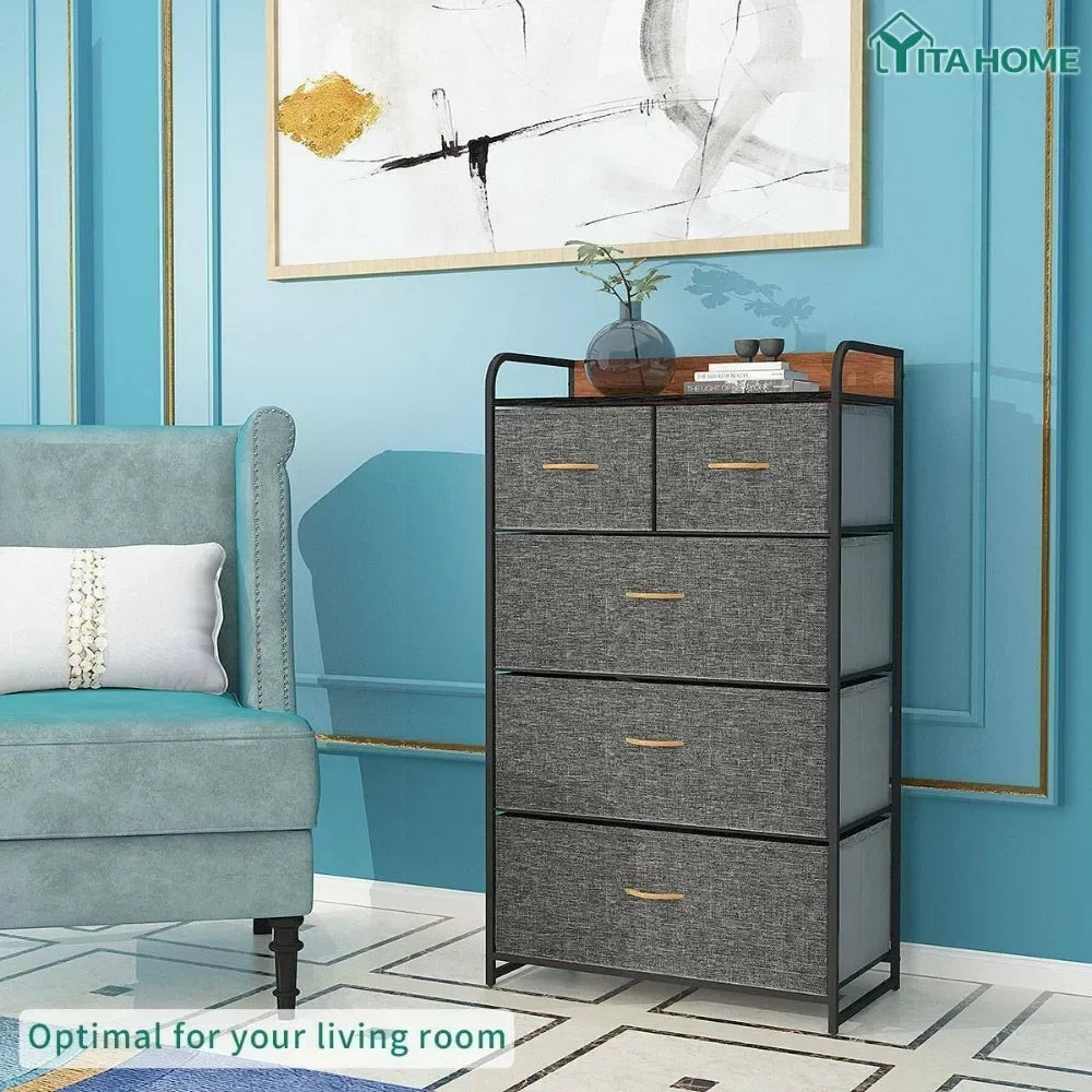 PURE PATH 5-Drawer Fabric Dresser with Easy Pull Bins and Wooden Top - Bedroom Storage Solution, Cool Gray