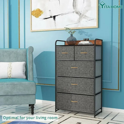 PURE PATH 5-Drawer Fabric Dresser with Easy Pull Bins and Wooden Top - Bedroom Storage Solution, Cool Gray