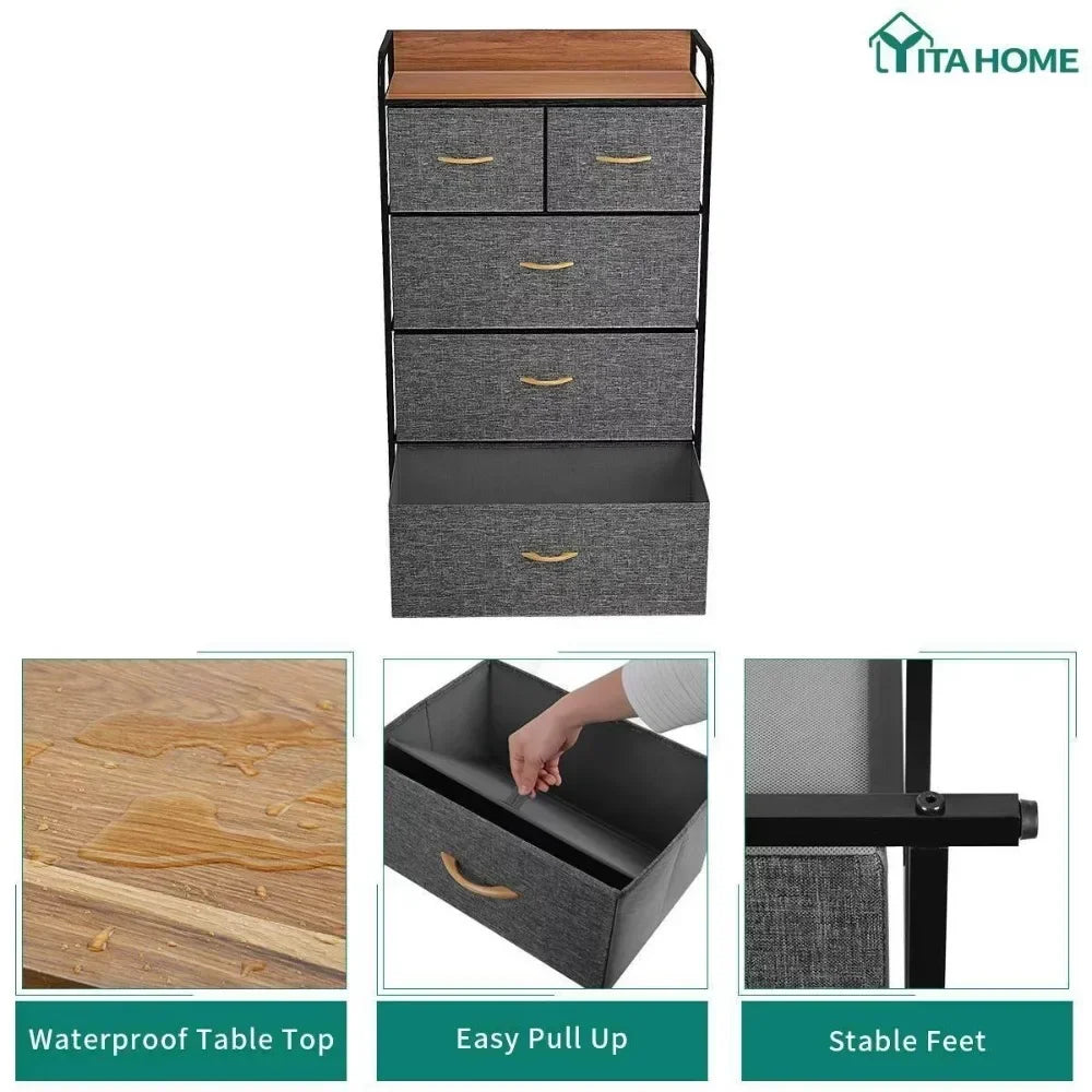 PURE PATH 5-Drawer Fabric Dresser with Easy Pull Bins and Wooden Top - Bedroom Storage Solution, Cool Gray