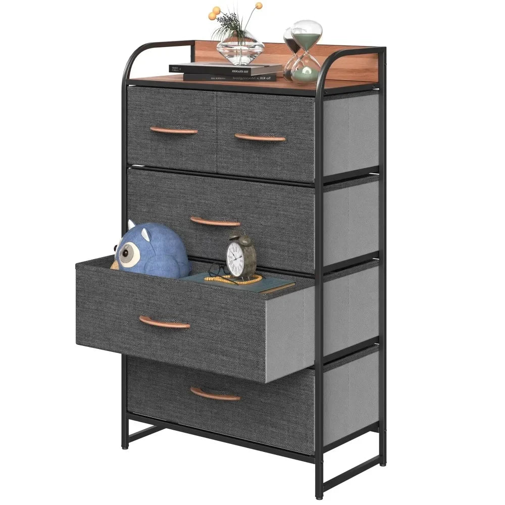 PURE PATH 5-Drawer Fabric Dresser with Easy Pull Bins and Wooden Top - Bedroom Storage Solution, Cool Gray