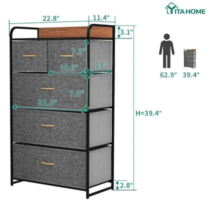 PURE PATH 5-Drawer Fabric Dresser with Easy Pull Bins and Wooden Top - Bedroom Storage Solution, Cool Gray